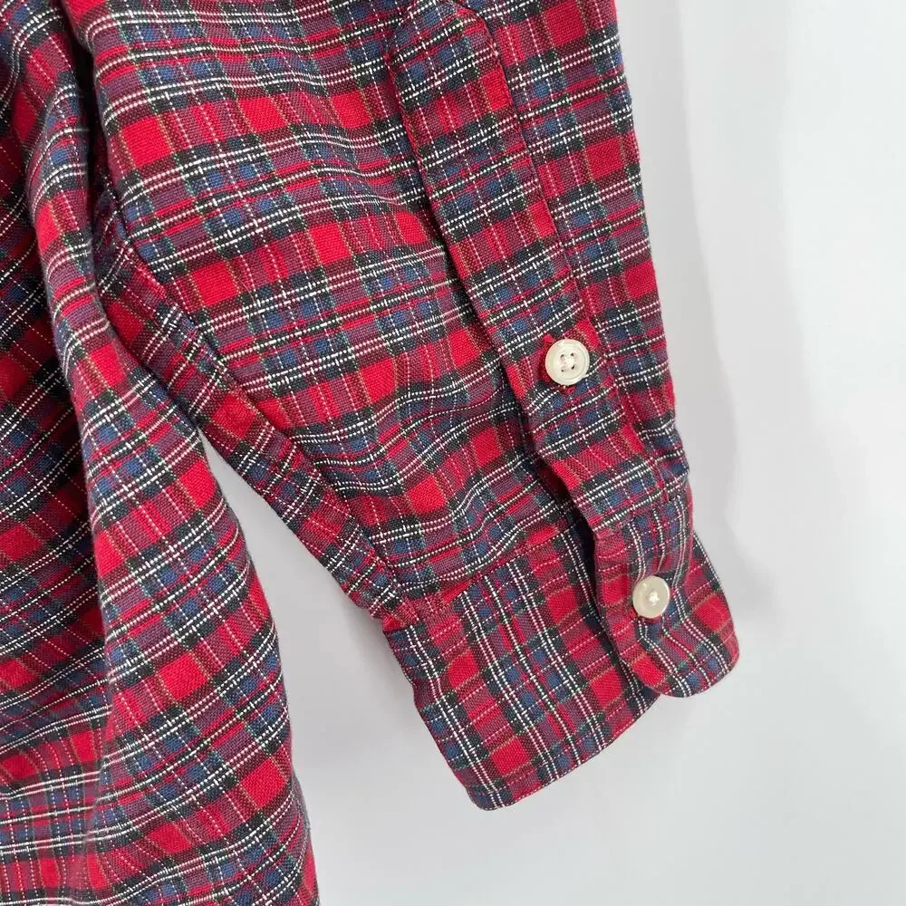 RALPH LAUREN Boys Button Down Shirt Size Medium Plaid Tartan 100% Cotton Red